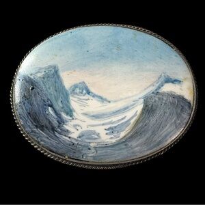 Russian Sterling Art Deco Vintage Landscape Glacier Mountain Hand Painted Brooch